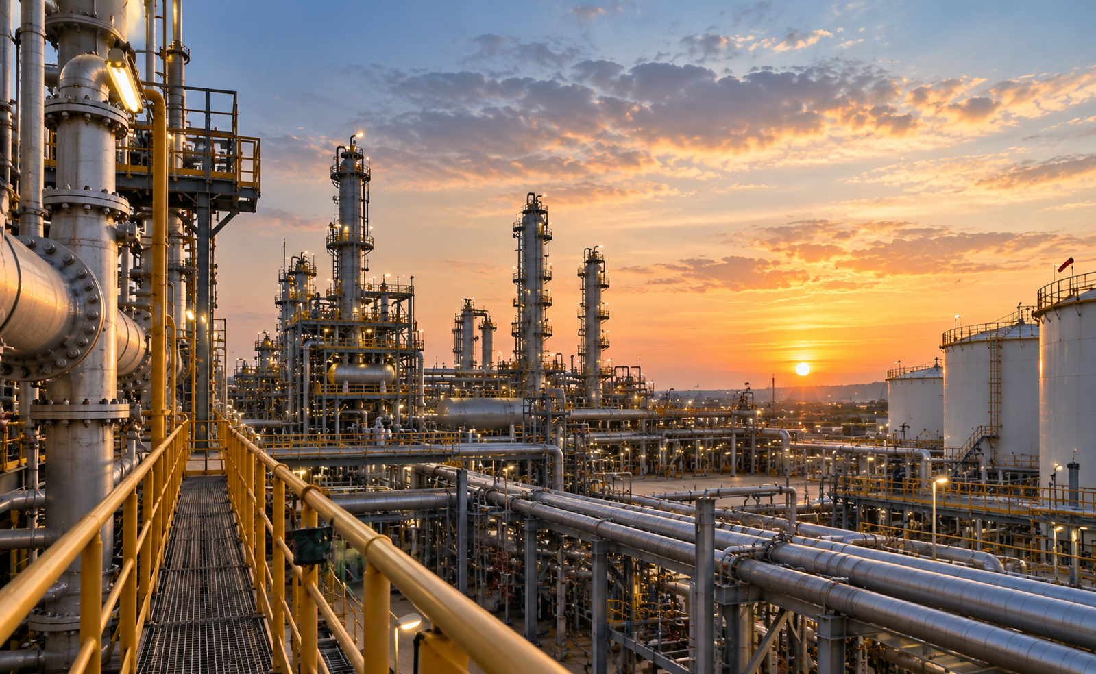 Oil & gas processing facility at sunset