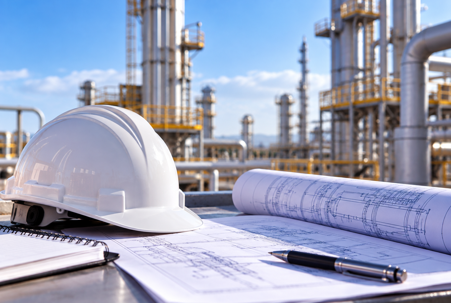 Technical training documentation with hard hat at an industrial site